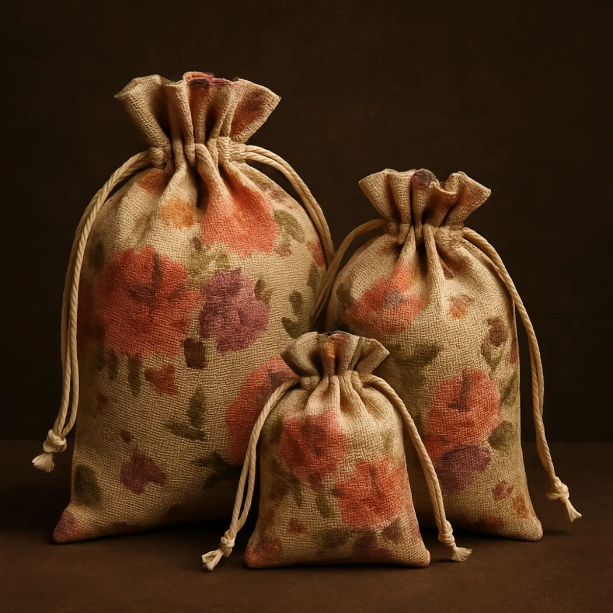 Coordinated set of printed jute drawstring gift bags in three sizes