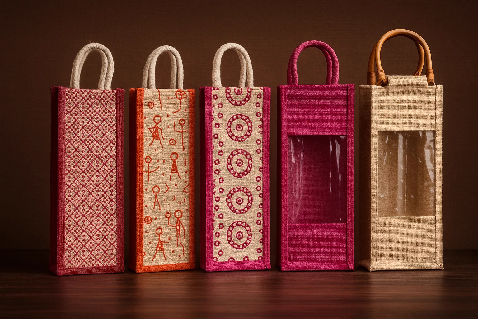 A varied collection of customizable jute carry and gift bags