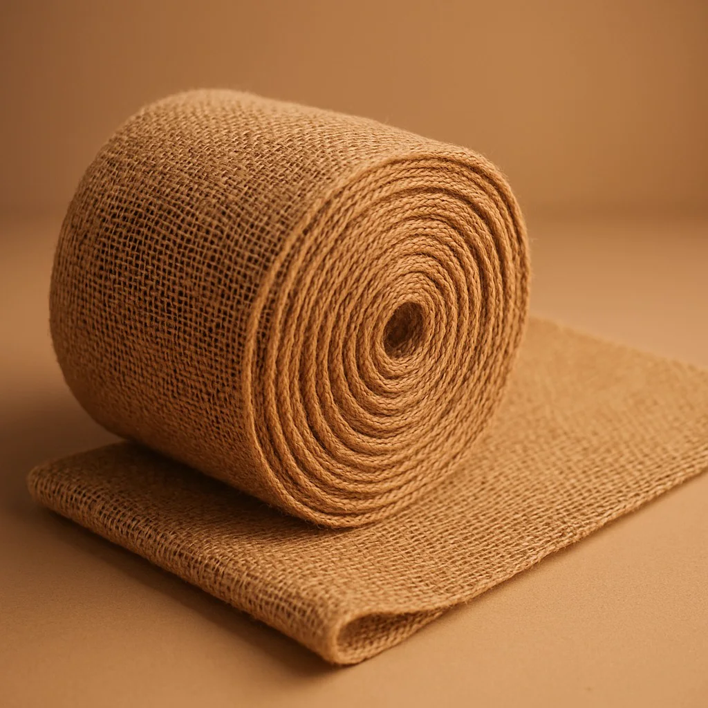Roll of natural jute fabric showing its texture and weave